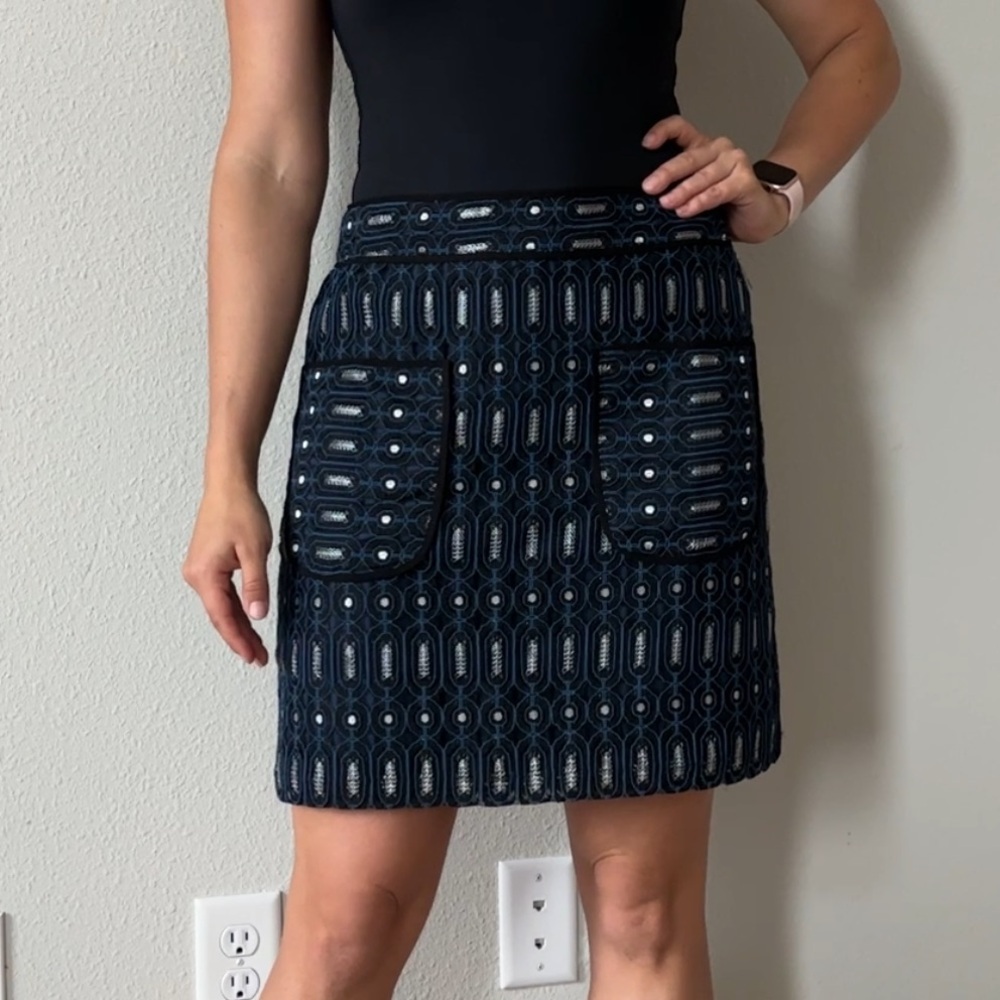 LOFT Black and Blue Patterned Skirt